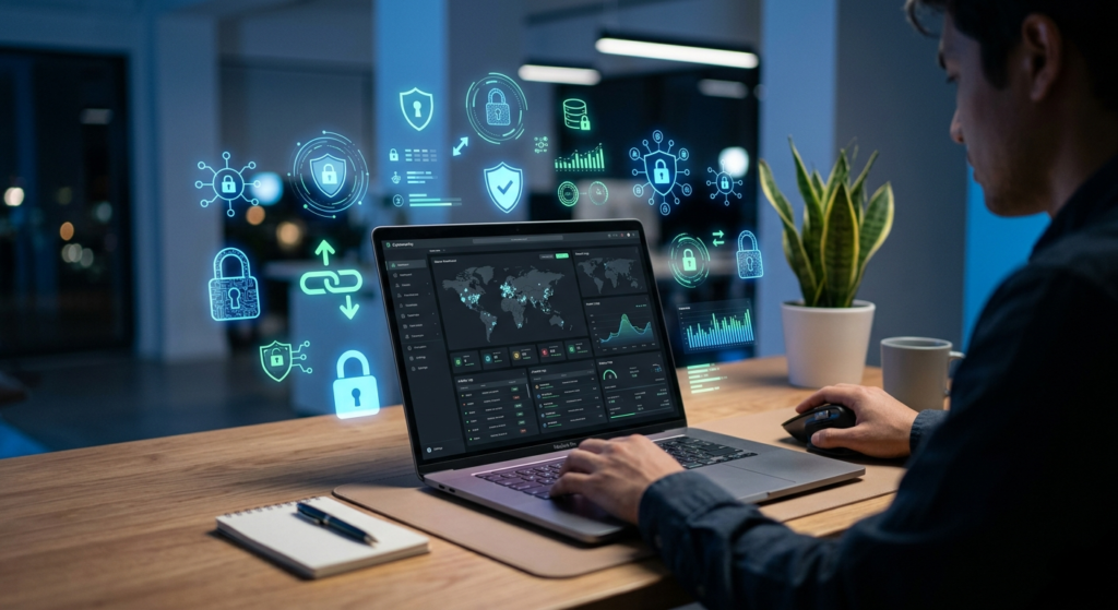 cybersecurity tips with laptop and lock icons