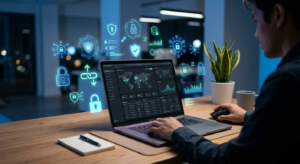 cybersecurity tips with laptop and lock icons