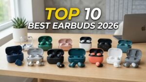 Top 10 Best Earbuds 2026 realistic thumbnail showing premium and budget wireless earbuds