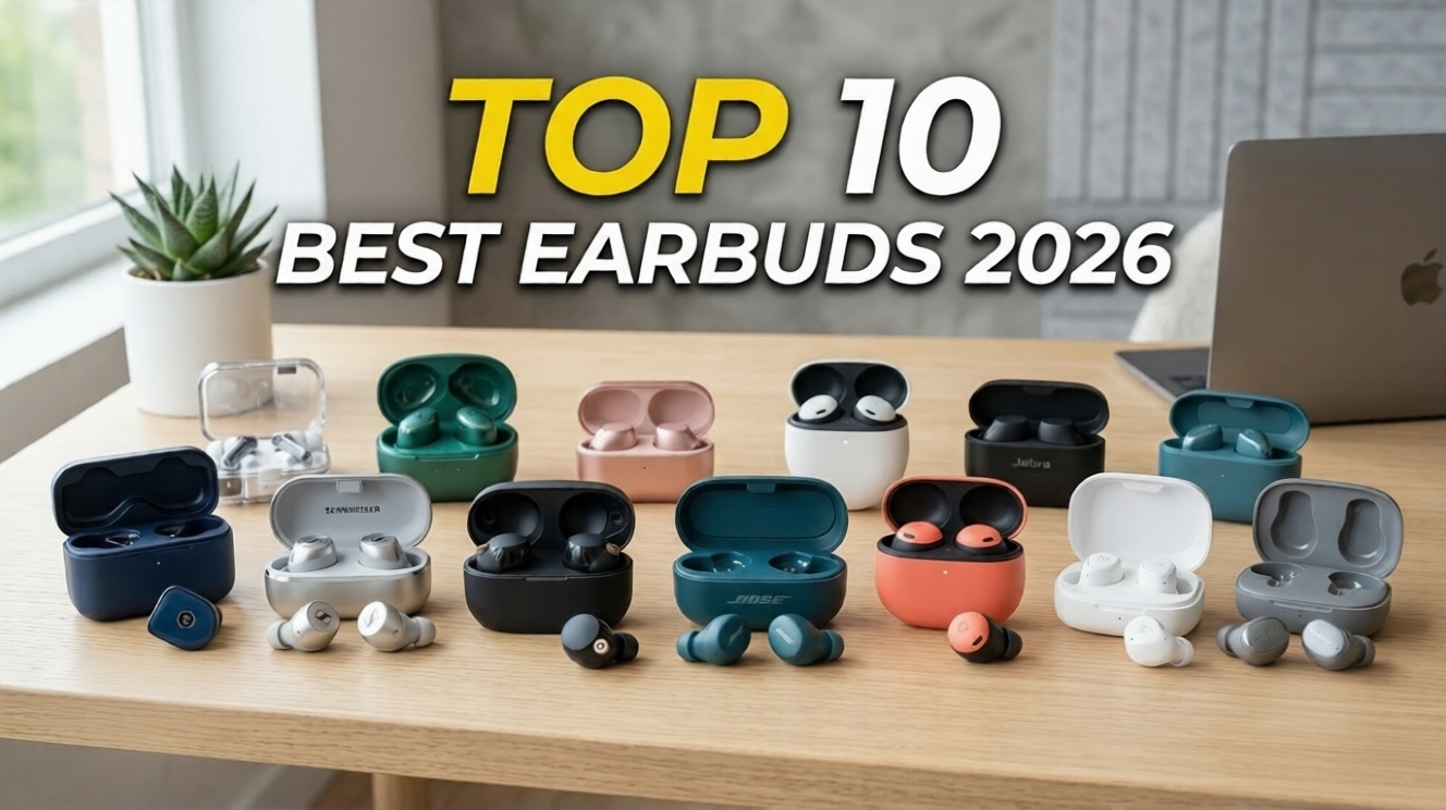Top 10 Best Earbuds 2026 realistic thumbnail showing premium and budget wireless earbuds