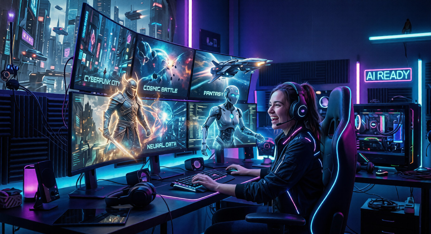 Futuristic AI-powered gaming setup with holographic game elements and smart NPCs