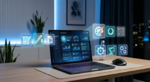 top AI websites displayed on a minimalist workspace with laptop showing AI tools dashboard and holographic icons for productivity and design