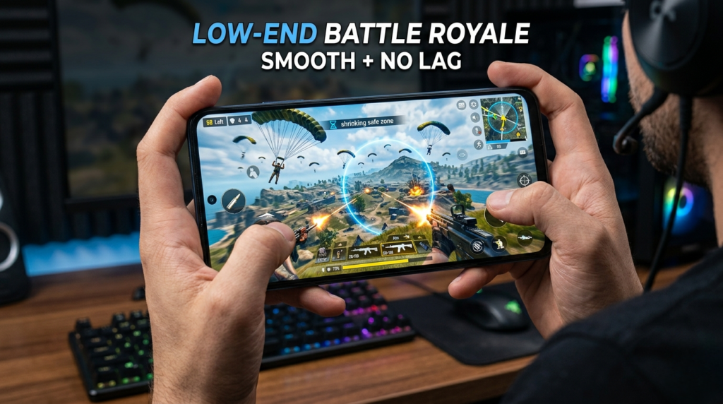 Low-end battle royale games thumbnail showing smooth gameplay on budget smartphone with action scene and no lag performance