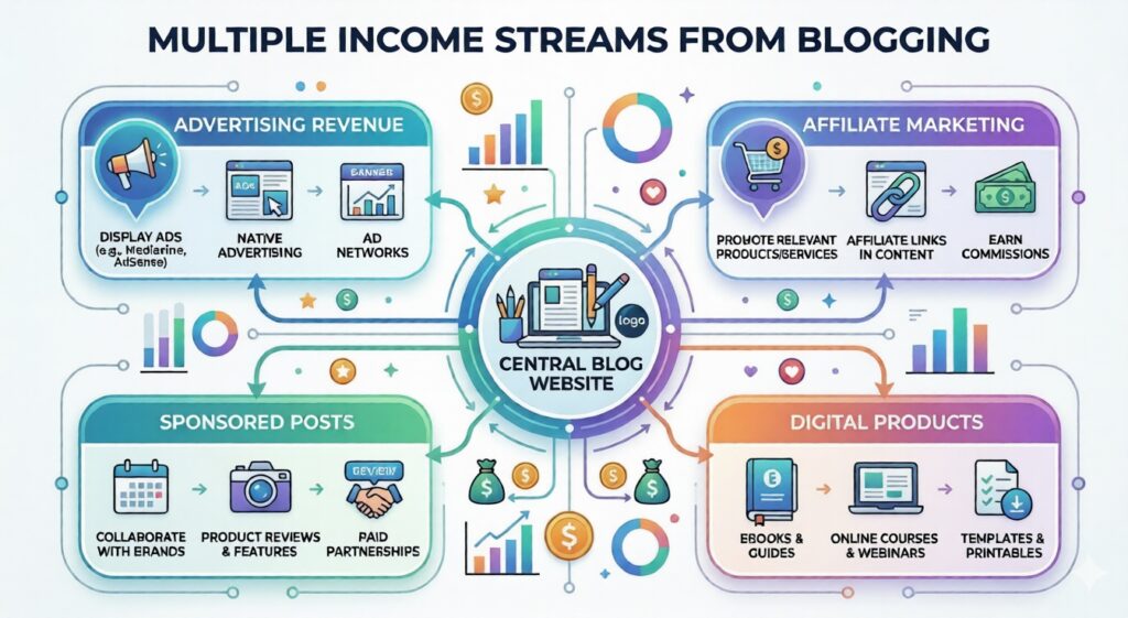 Different ways to earn money from blogging including ads affiliate marketing and digital products