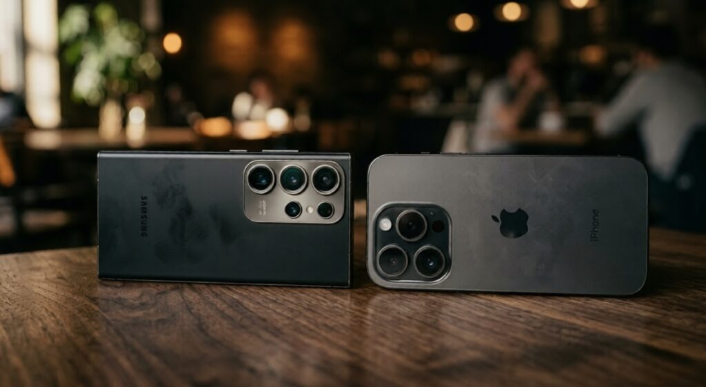 Samsung Galaxy S26 Ultra vs iPhone 17 Pro Max camera comparison rear lenses zoom and photo quality