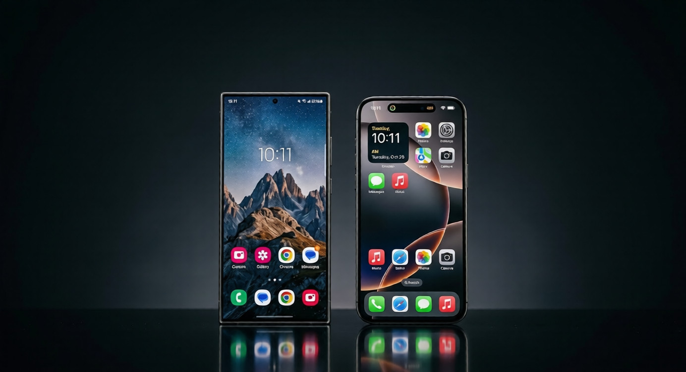 Samsung Galaxy S26 Ultra vs iPhone 17 Pro Max comparison front view premium design 2026