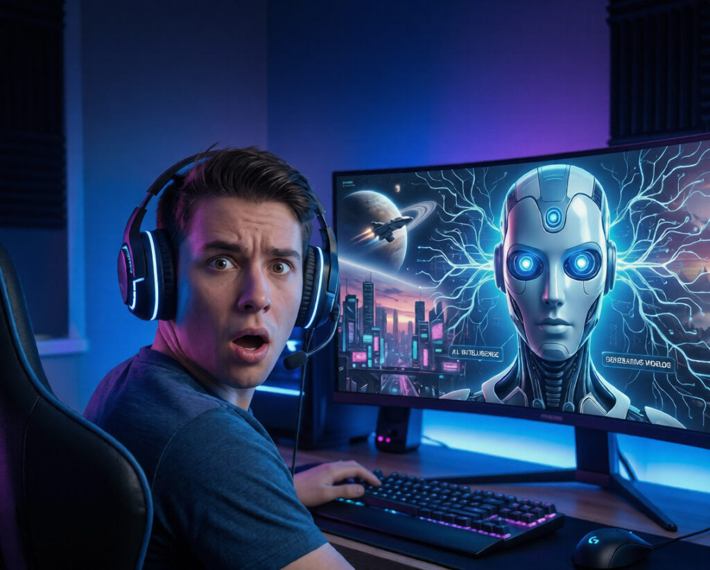 AI-powered games 2026 thumbnail showing futuristic gamer with AI elements and smart NPCs