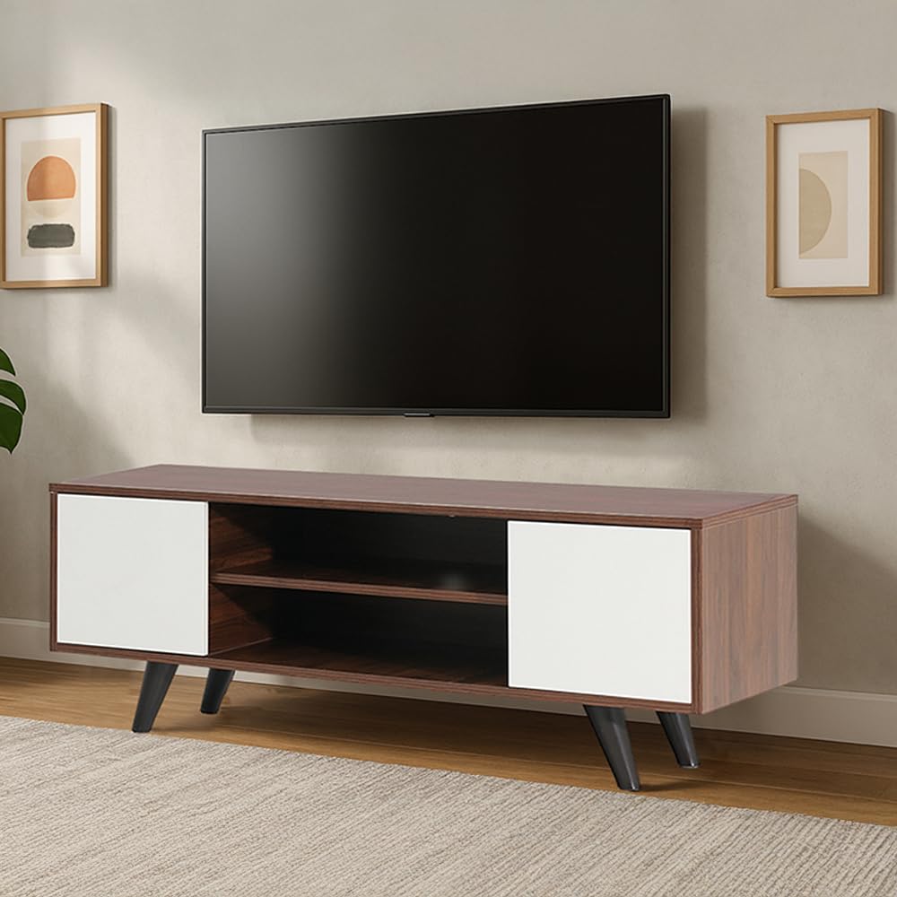 Premium entertainment unit with durable finish, wide top surface, and built-in wire organization