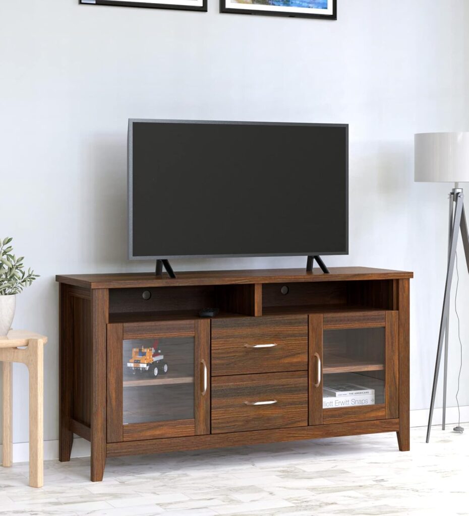 Large wooden media console with drawers and storage compartments for a spacious modern living room