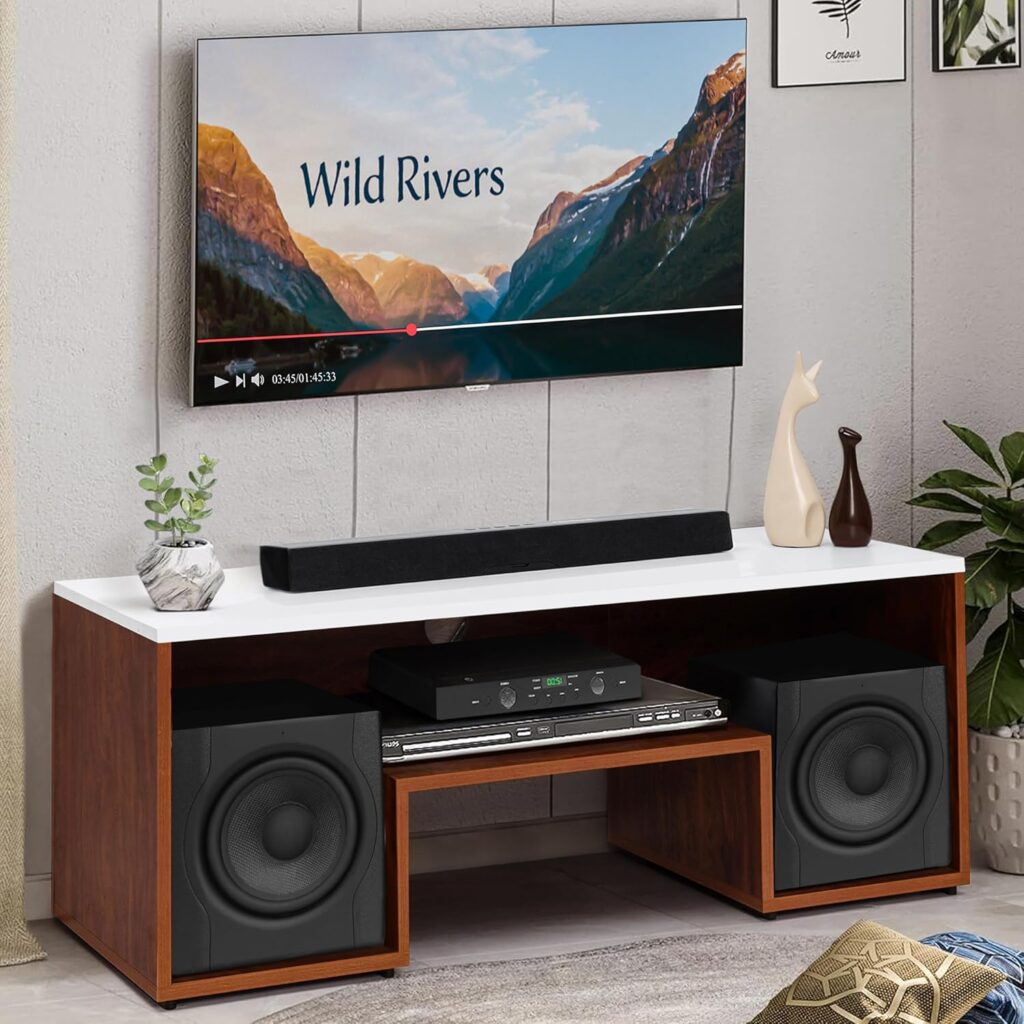 Best TV stands for modern homes with open shelves and cable management in a compact wooden design