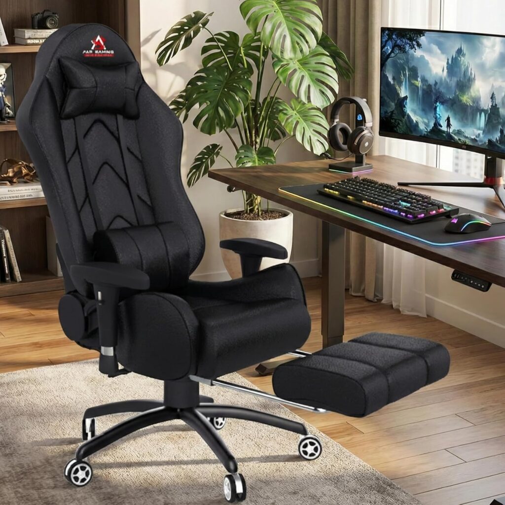 Gaming chair with extendable footrest and high-density cushioning