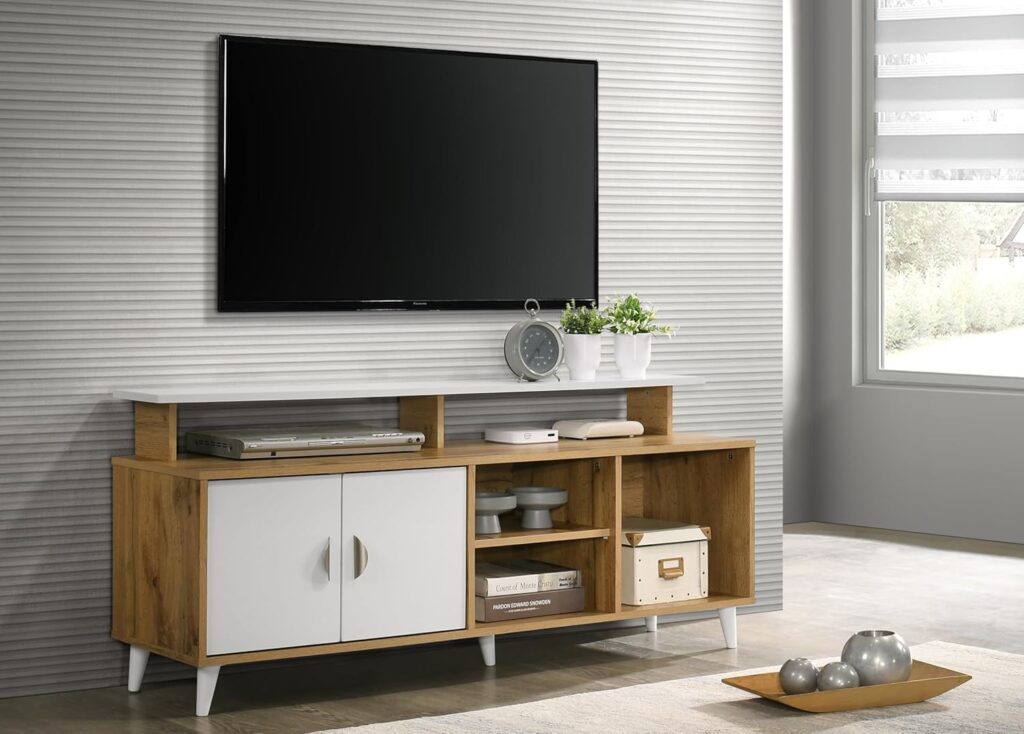 Modern two-tone TV unit with closed storage and open display shelves for living room setup