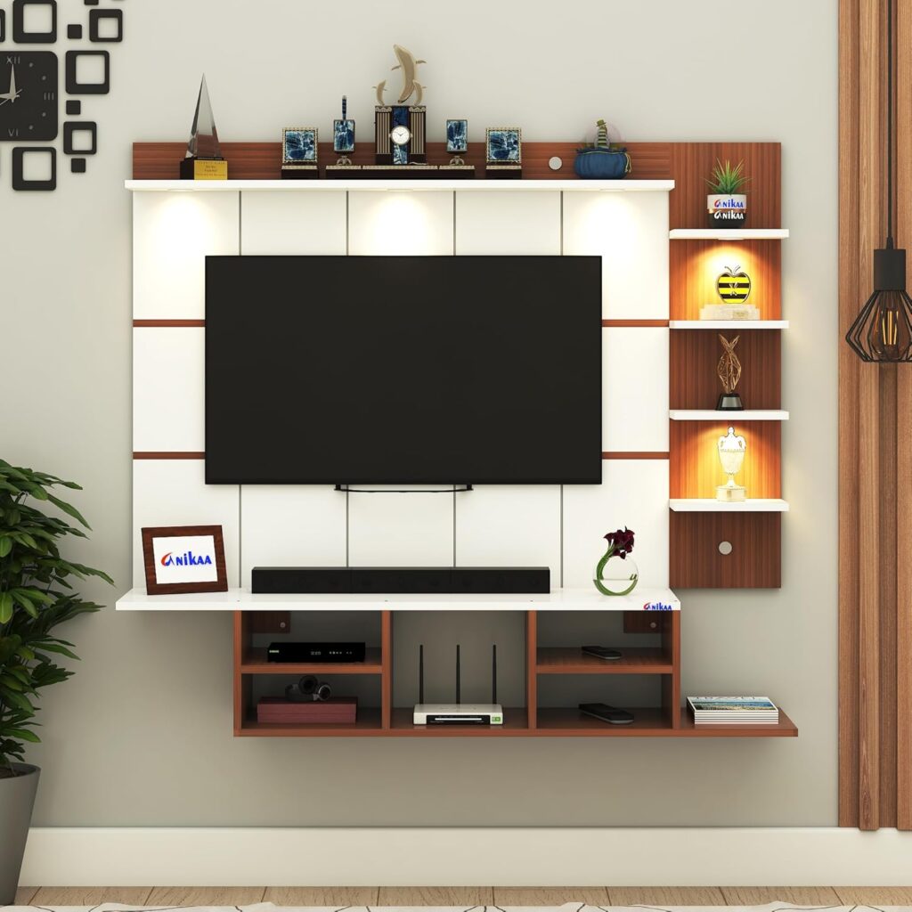 Wall-mounted floating TV storage unit with side shelves for a clean minimalist interior