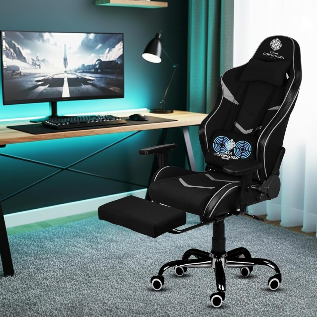 High-back gaming chair with leather upholstery and lumbar support