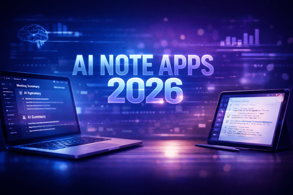 Best AI note-taking apps 2026 thumbnail showing modern workspace with smart note apps and AI productivity tools