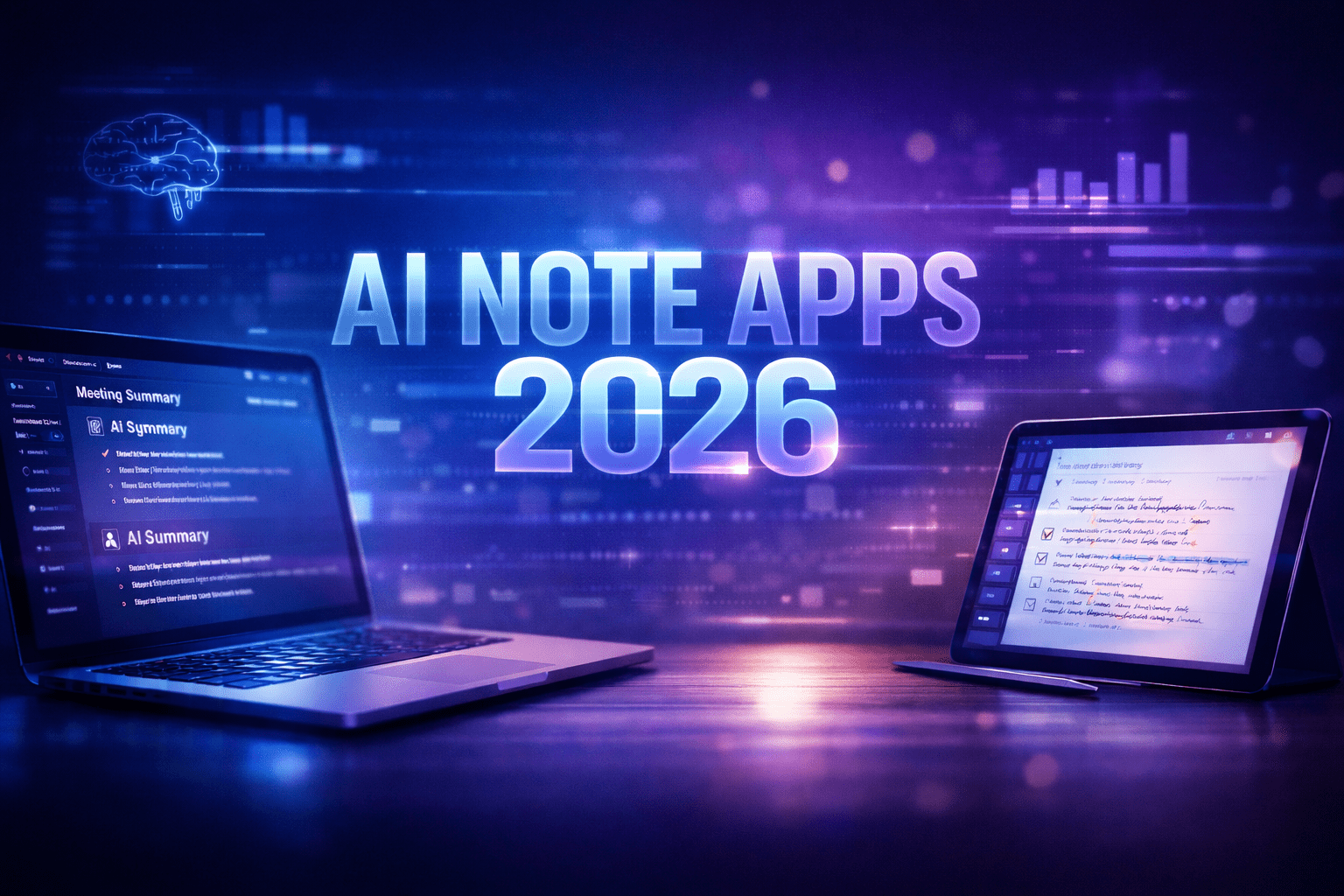 Best AI note-taking apps 2026 thumbnail showing modern workspace with smart note apps and AI productivity tools