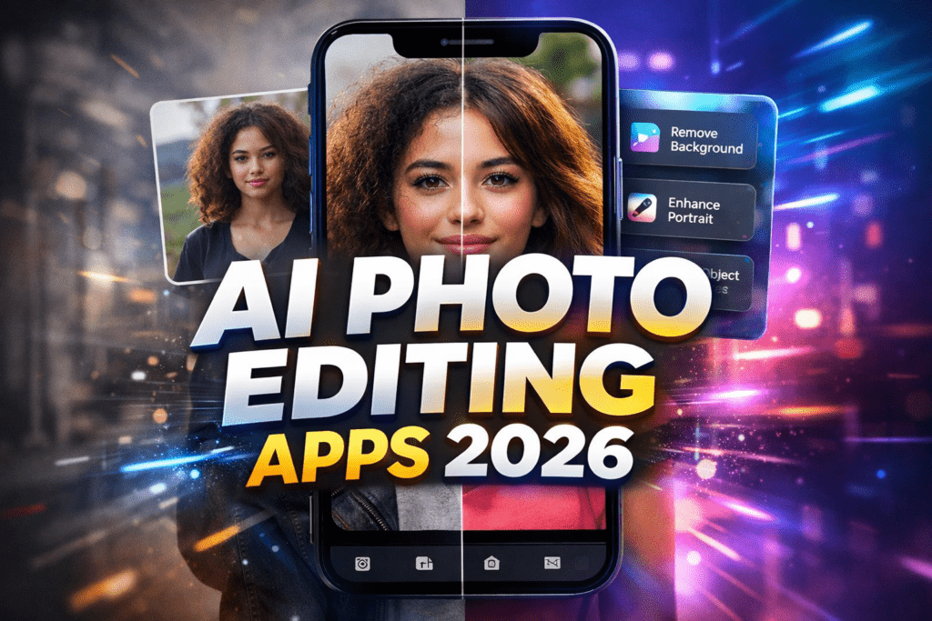 AI Photo Editing Apps 2026 thumbnail showing smartphone editing photo with AI tools and before after comparison