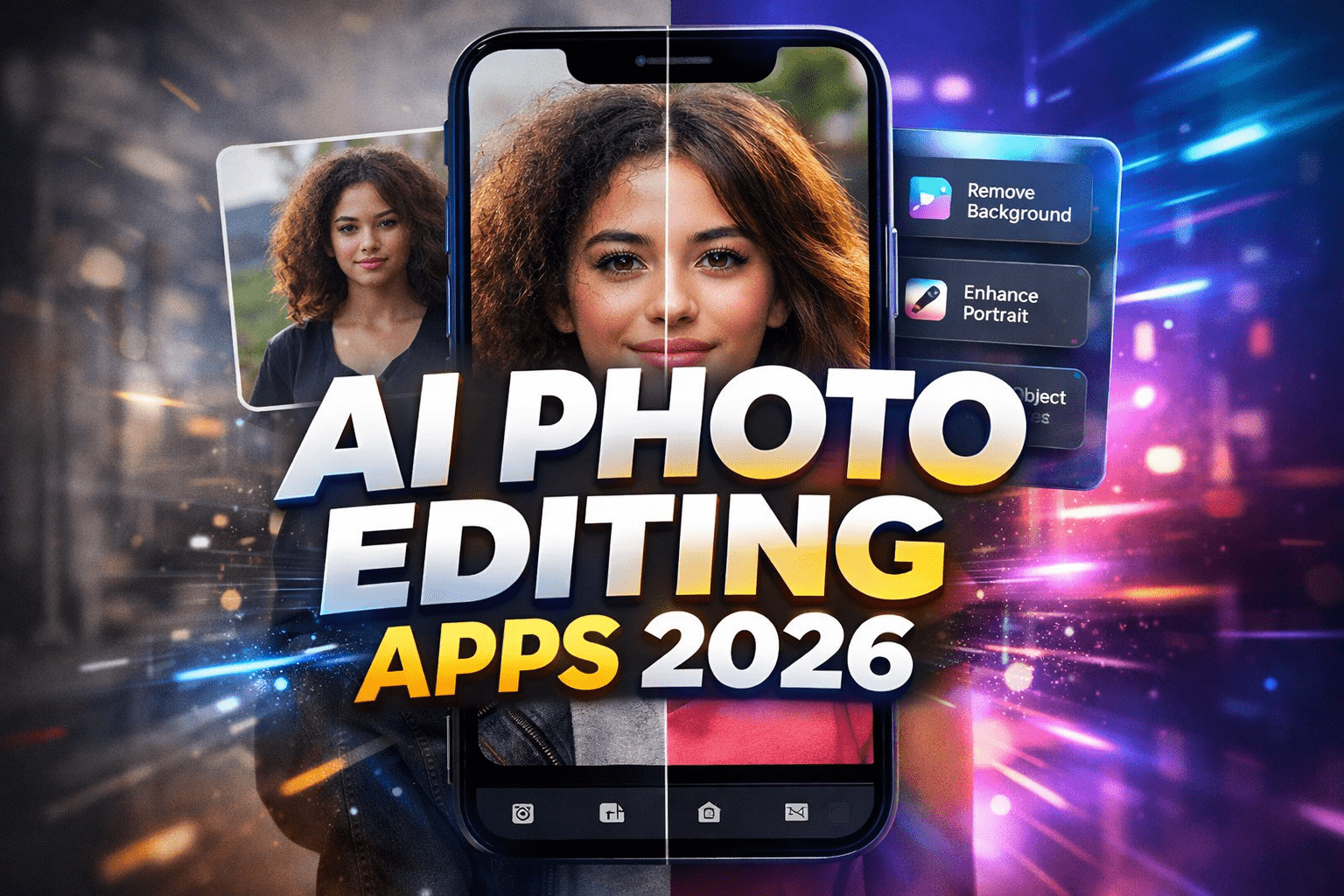 AI Photo Editing Apps 2026 thumbnail showing smartphone editing photo with AI tools and before after comparison
