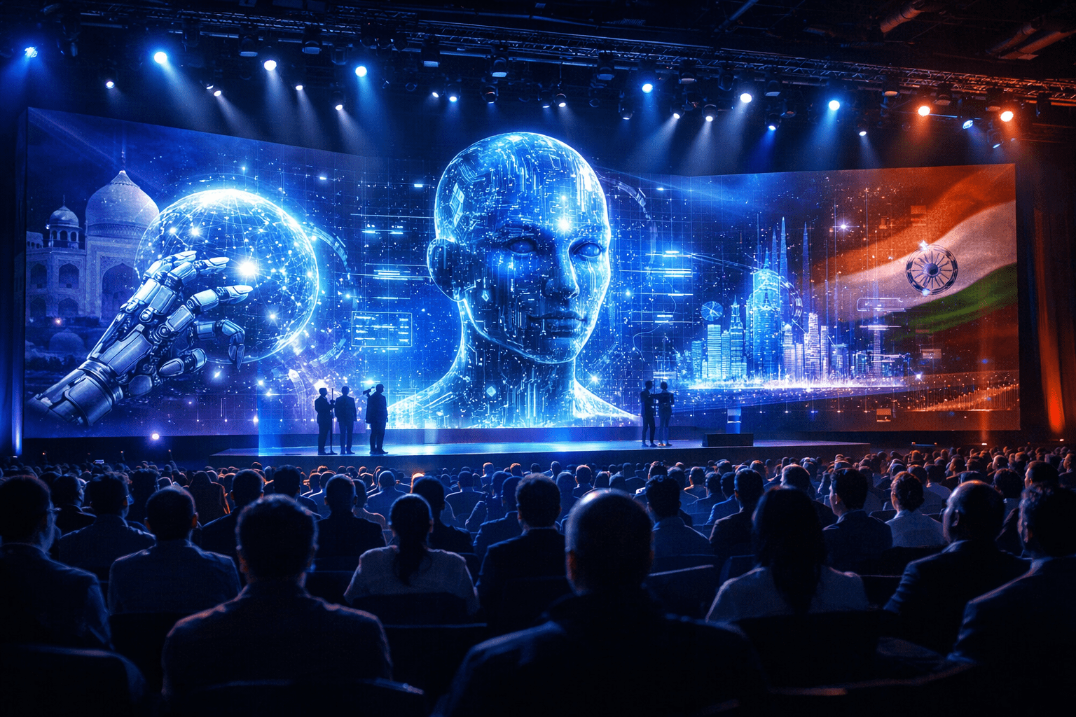 India AI Summit 2026 futuristic conference with AI hologram, global audience, and advanced technology visuals