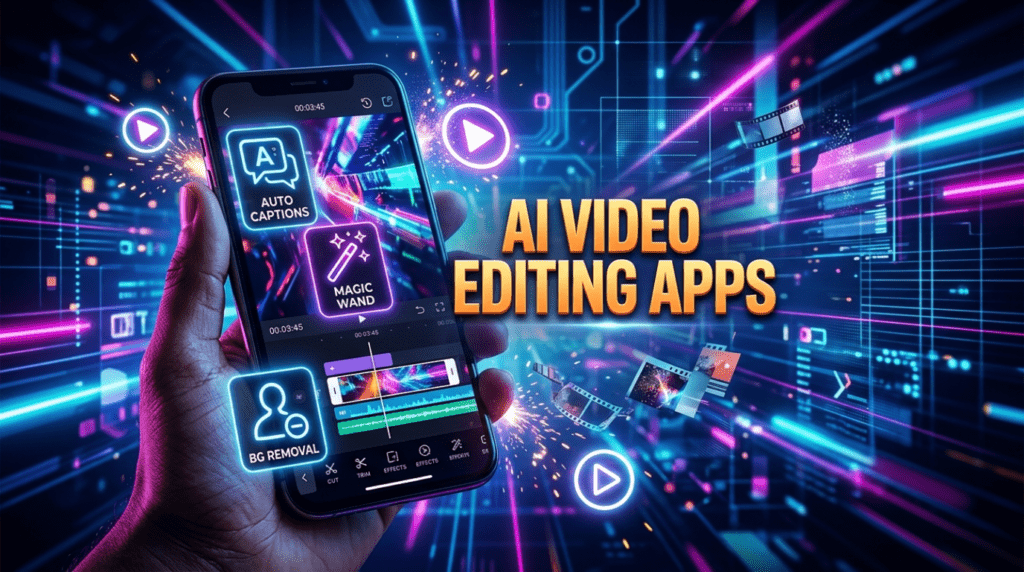 Thumbnail showing a smartphone editing video using AI tools with large centered text AI Video Editing Apps.