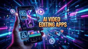 Thumbnail showing a smartphone editing video using AI tools with large centered text AI Video Editing Apps.