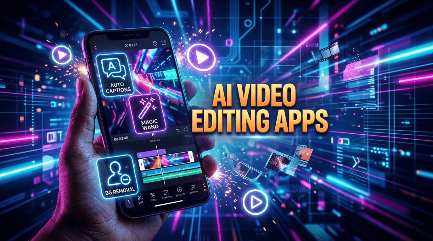 Thumbnail showing a smartphone editing video using AI tools with large centered text AI Video Editing Apps.