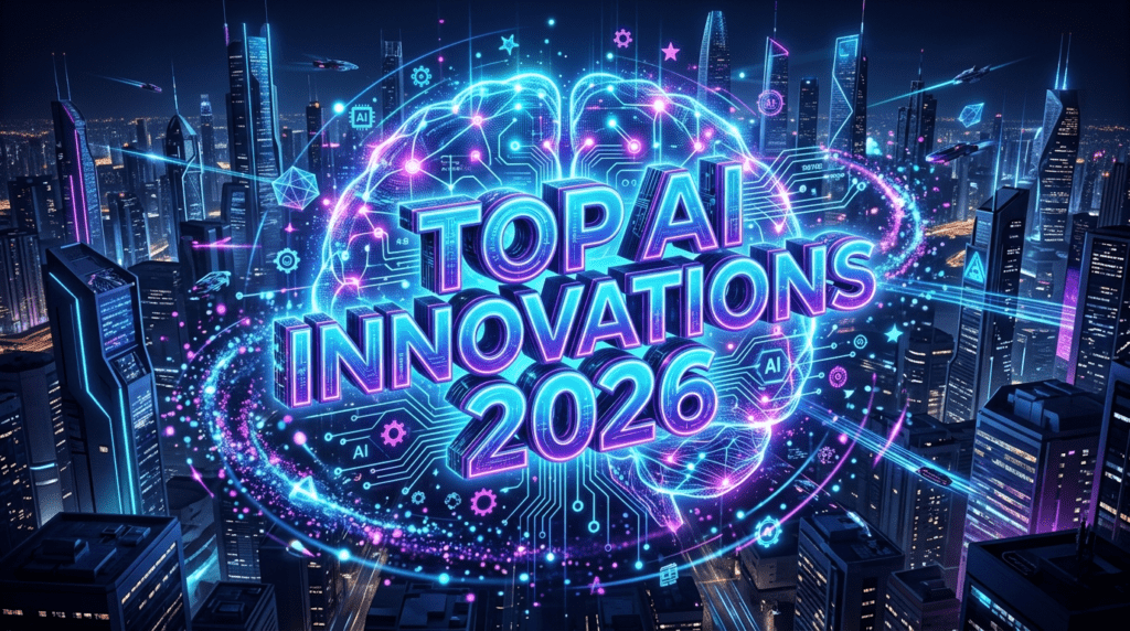 Futuristic AI brain with neon lights and the title “Top AI Innovations 2026” at the center