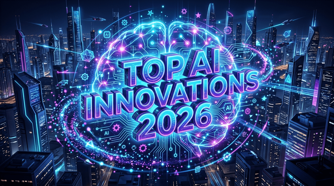 Futuristic AI brain with neon lights and the title “Top AI Innovations 2026” at the center