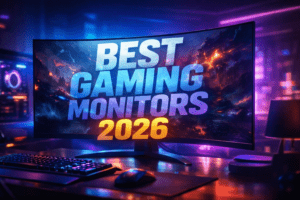 gaming monitor setup with neon lighting and large centered text best gaming monitors 2026 partially hidden behind background