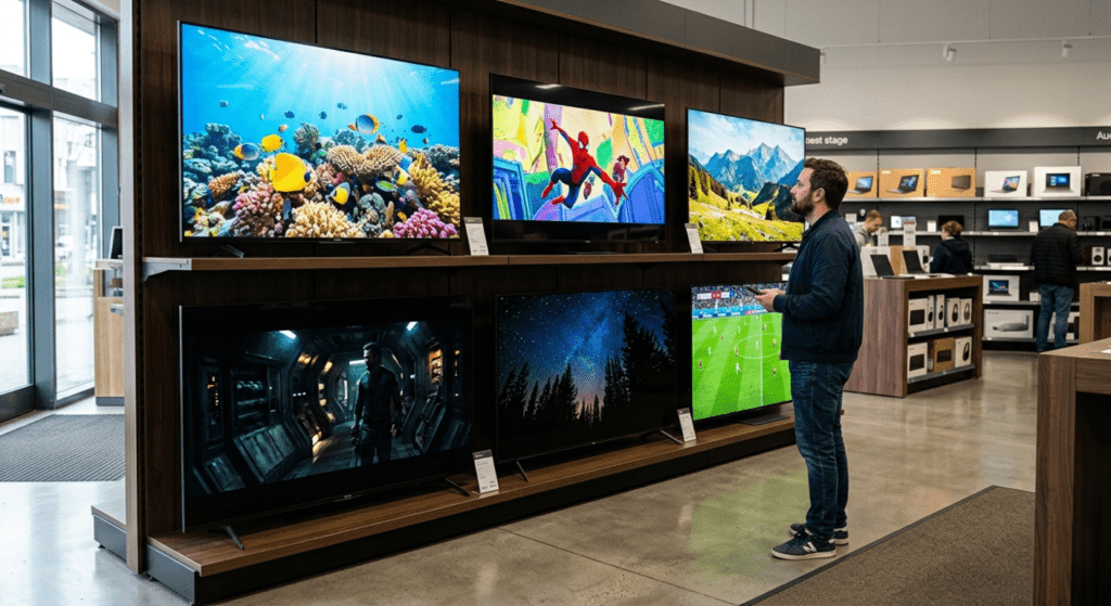 Person comparing OLED vs QLED TVs in electronics store