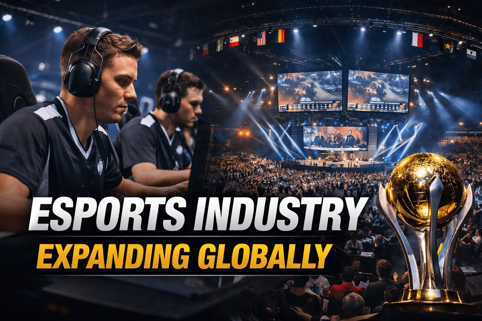 Esports players competing on stage in a packed arena with large screens and a championship trophy, representing the global growth of the esports industry.