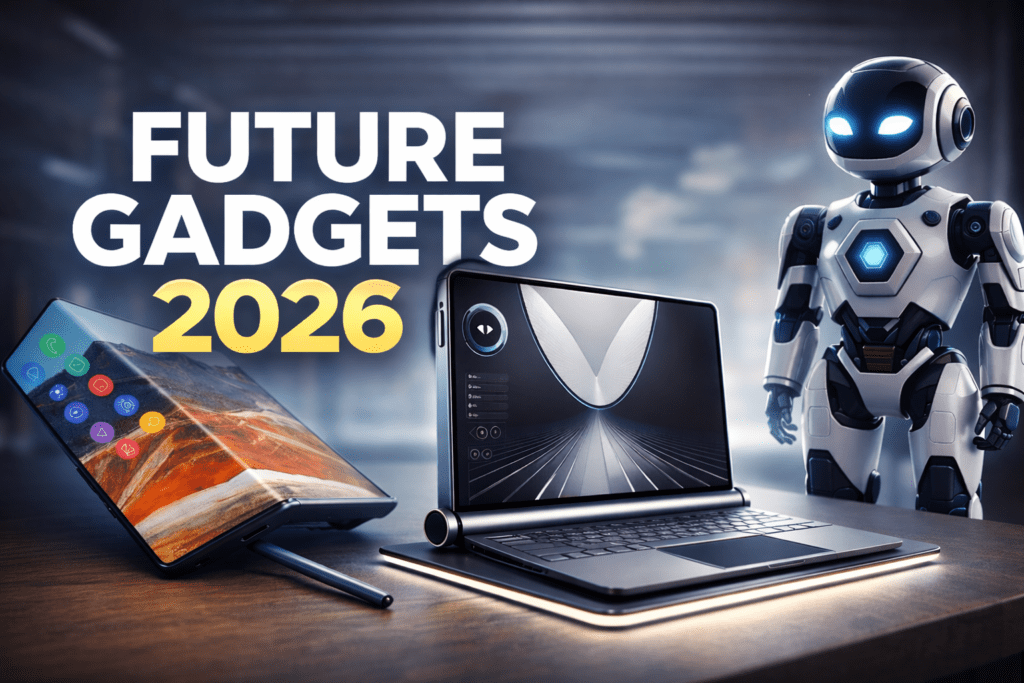 futuristic gadgets in 2026 including a tri-fold smartphone, a rollable laptop, and a humanoid robot in a modern high-tech setting