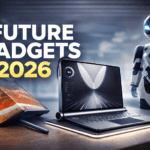 futuristic gadgets in 2026 including a tri-fold smartphone, a rollable laptop, and a humanoid robot in a modern high-tech setting