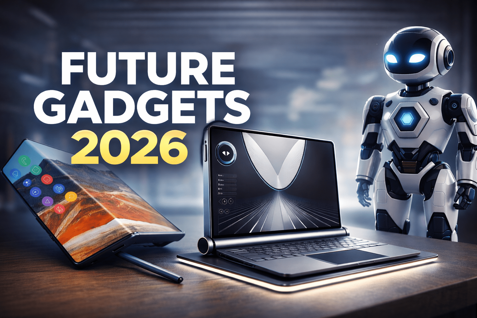 futuristic gadgets in 2026 including a tri-fold smartphone, a rollable laptop, and a humanoid robot in a modern high-tech setting