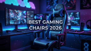 Modern gaming room with high-end gaming chair and Best Gaming Chairs 2026 title in bold, readable centered text