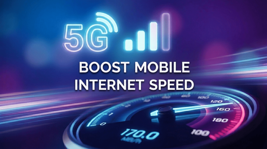 Glowing mobile data signal bars and 5G icon with centered title “Boost Mobile Internet Speed”.