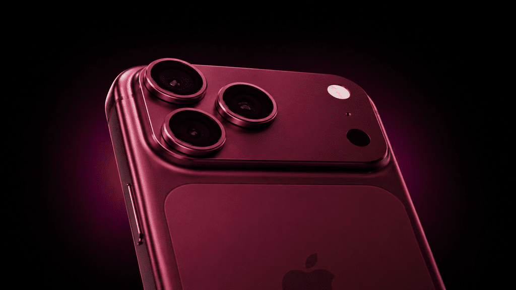 iPhone 18 Pro camera module close-up with triple lens setup in red finish on dark background