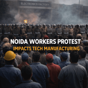 Noida workers protest outside electronics factory with police presence and industrial unrest scene