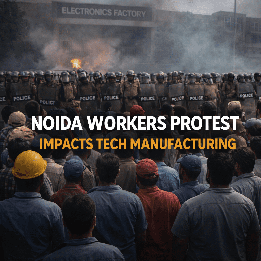 Noida workers protest outside electronics factory with police presence and industrial unrest scene