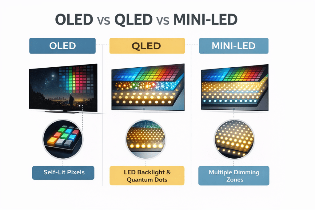 OLED vs QLED TVs technology comparison infographic with Mini-LED