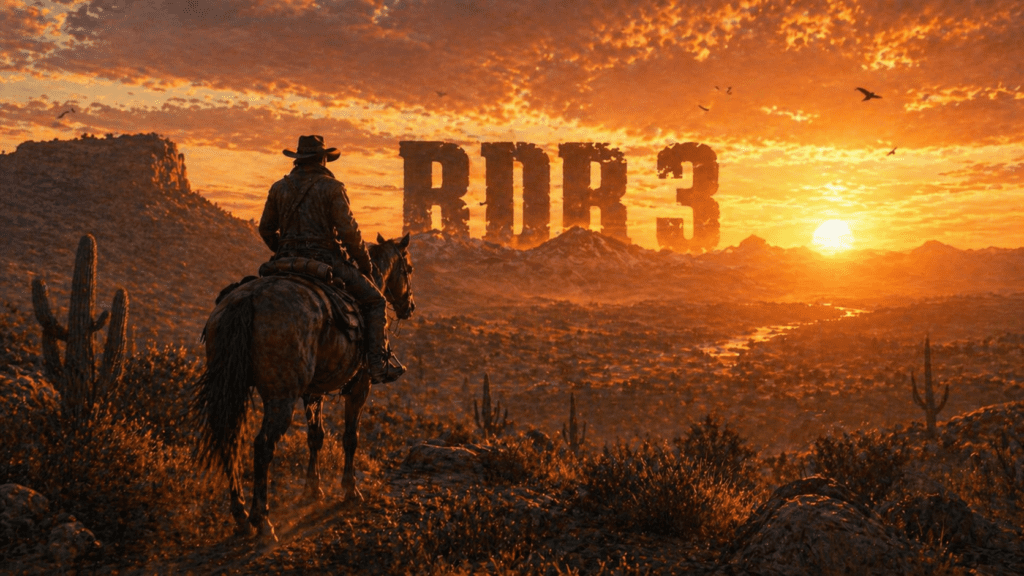 RDR3 latest news thumbnail showing cowboy on horseback overlooking sunset valley with RDR 3 title behind mountains
