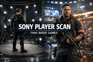 Sony player scan scene showing a fan being scanned in a motion capture studio and then appearing inside a realistic video game world.
