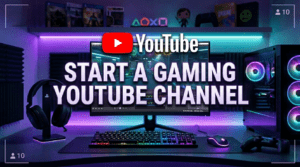 Start a gaming YouTube channel thumbnail with gaming setup, PC, monitor and youtube logo