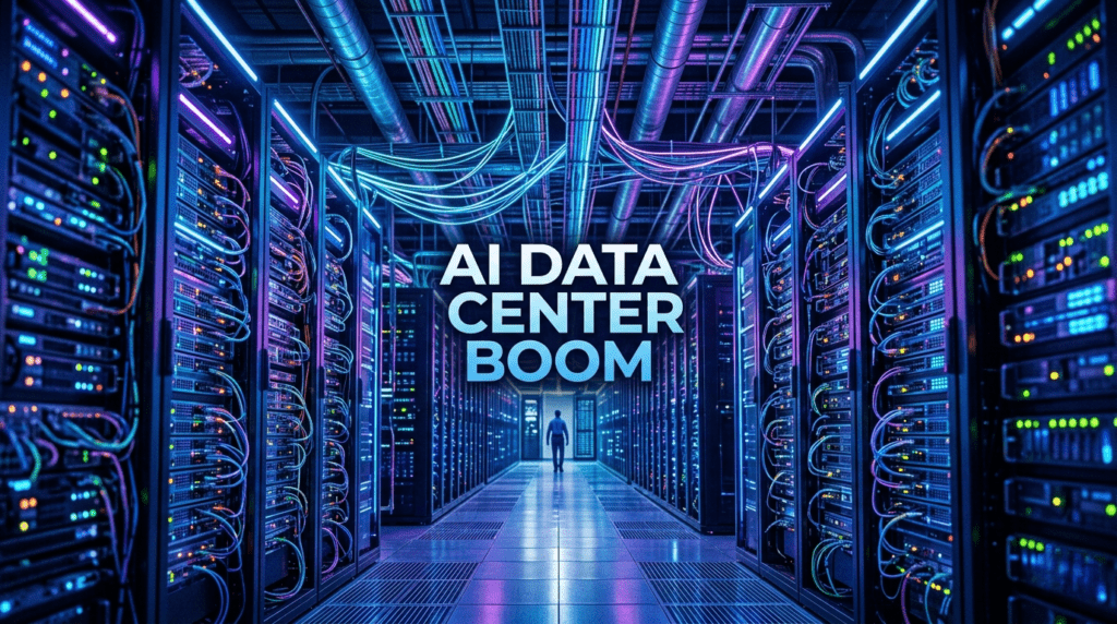Futuristic server facility representing the AI data center boom with glowing racks and large centered title text blending into the background