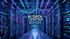Futuristic server facility representing the AI data center boom with glowing racks and large centered title text blending into the background