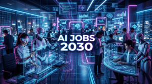AI Jobs Future 2030 thumbnail showing humans and AI robots working together in a futuristic office with big centered title text “AI Jobs 2030”