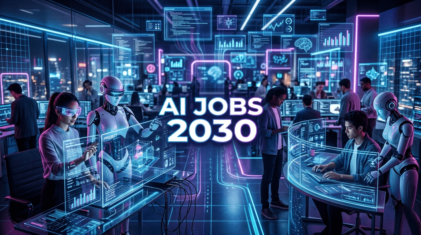AI Jobs Future 2030 thumbnail showing humans and AI robots working together in a futuristic office with big centered title text “AI Jobs 2030”