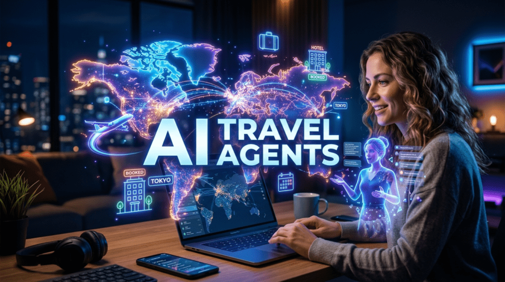 Thumbnail showing AI travel agents that book trips with futuristic travel planning interface and centered bold title text