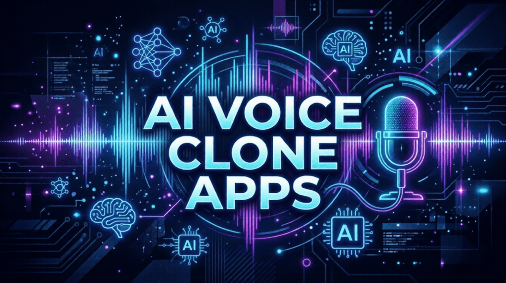 AI voice clone apps with microphone and sound waves