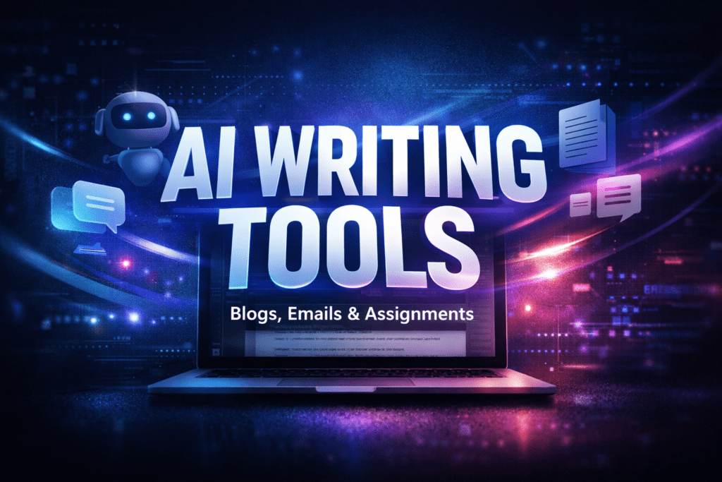 Best AI writing tools for blogs assignments and emails 2026 thumbnail with modern tech design